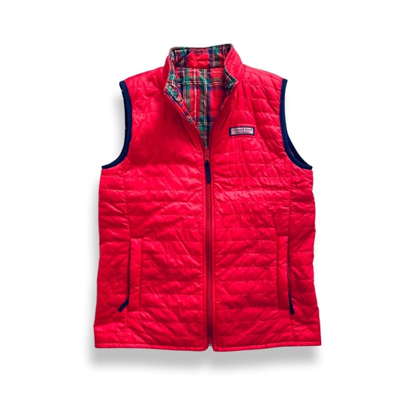 Vineyard Vines | Girls Red Reversible Tartan Plaid Puffer Vest - Picture 1 of 5